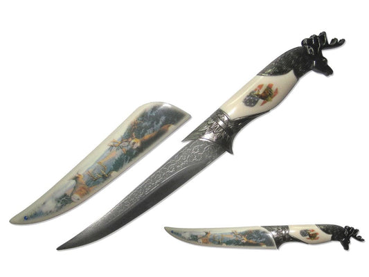 T 224857 13 3/4" Fantasy Dagger Deer in The Mountains Deer Head Handle