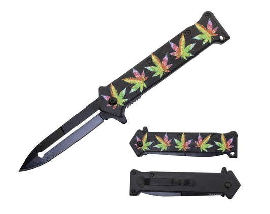 T 27018-14 4.5" Assist-Open Knife - Rasta Marijuana Leaf Print Handle