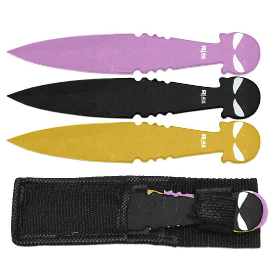 TK 031-38RB 8" Black Purple & Gold Skull Throwing Knife Set with Nylon Sheath