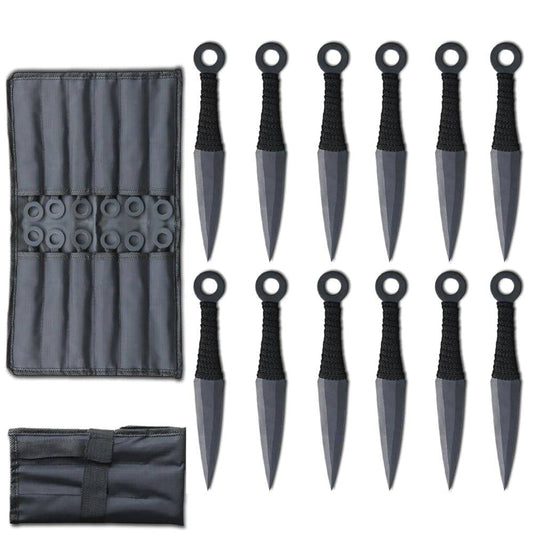 TK 086-612BK 6" Cord Wrapped Kunai Throwing Knife 12 PCS Set with Carrying Case