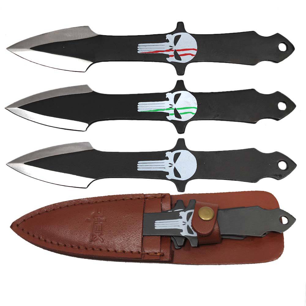 TK 095-LP38SK 8" Skull Multicolor Print Arrow Head Throwing Knife with Leather Sheath