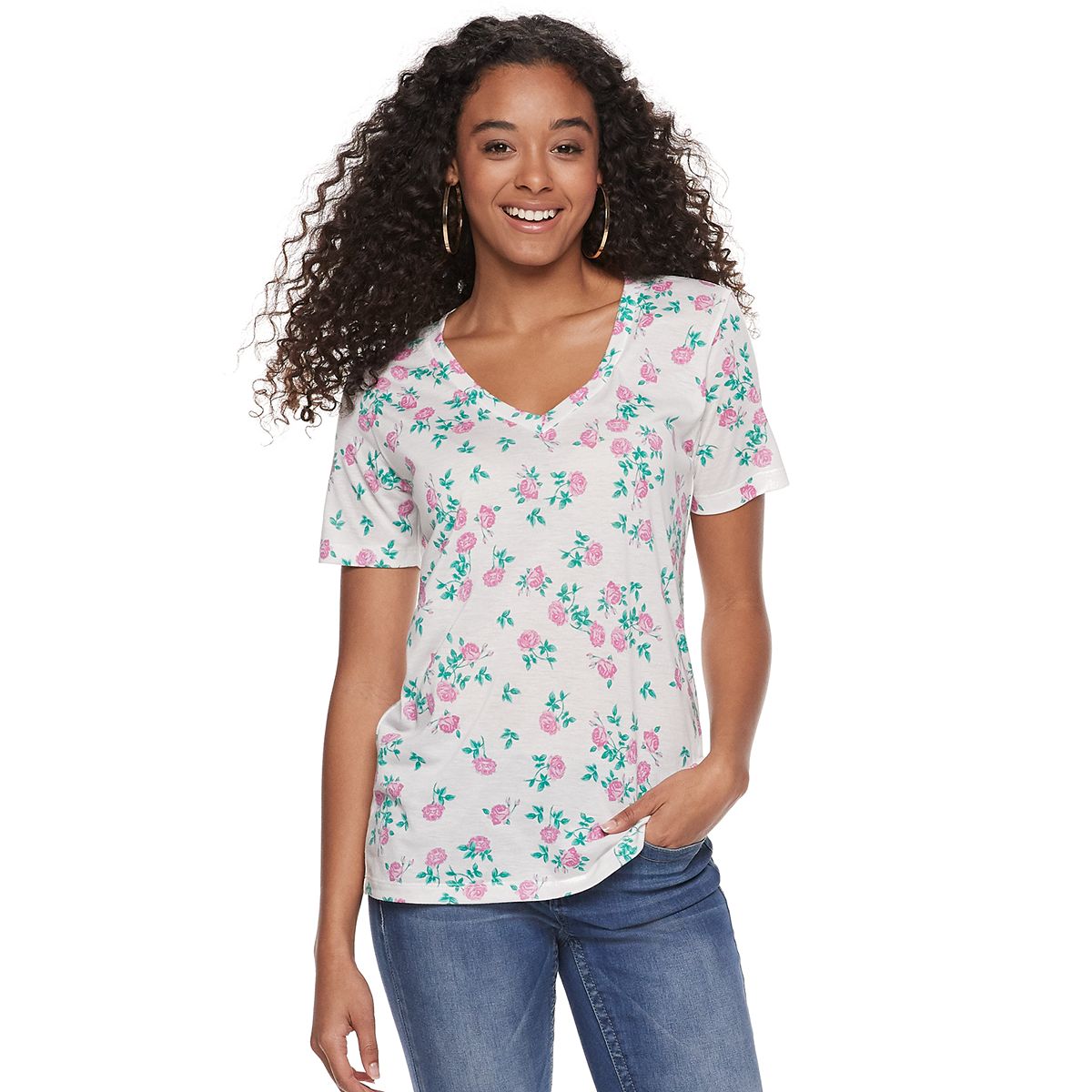 Women's Juniors Flower Print V-neck Tee T-Shirt