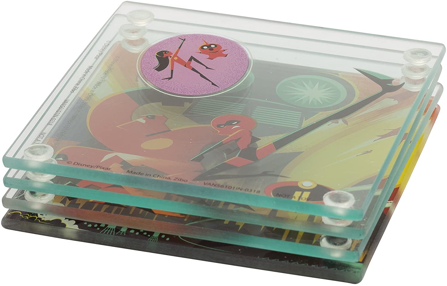 Vandor The Incredibles 2 4-Piece Stacking Glass Coaster Set, 4 x 4 x .25 Inches - Rex Distributor, Inc. Wholesale Licensed Products and T-shirts, Sporting goods,