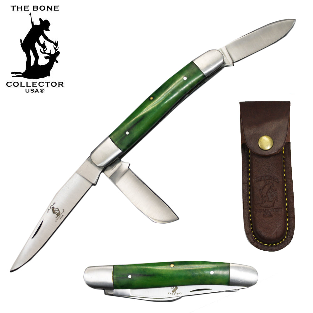 BC 869-GN 5" Green Bone Collector 3 Blade Bone Handle Folding Knife with Leather Sheath - Rex Distributor, Inc. Wholesale Licensed Products and T-shirts, Sporting goods,