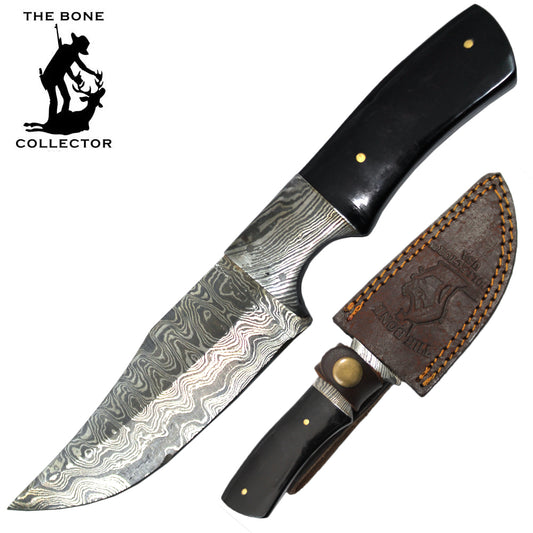 BC HKDB-29 8" Damascus Blade Bone Collector Bovine Horn Handle Hunting Knife with Leather Sheath