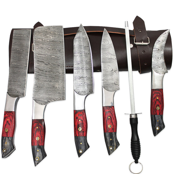 DM 003-5 5 Piece Damascus Kitchen Knife Set with Sharpening Rod & Leather Roll Carrying Case