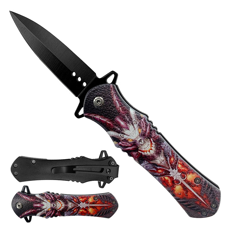 KS 1204-DG 4.63" Dragon Print Handle Assist-Open Spear Point Blade Folding Knife with Pocket Clip