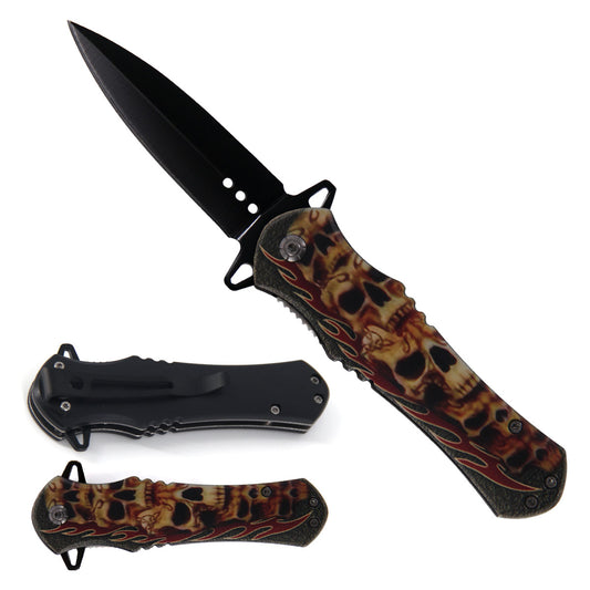 KS 1204-SK 4.63" Flaming Skull Print Handle Assist-Open Spear Point Blade Folding Knife with Pocket Clip