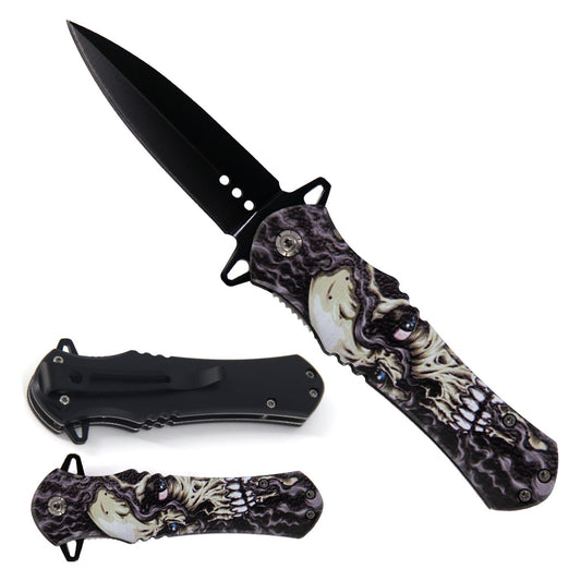 KS 1204-SK2 4.63" Smoking Skull Print Handle Assist-Open Spear Point Blade Folding Knife with Pocket Clip