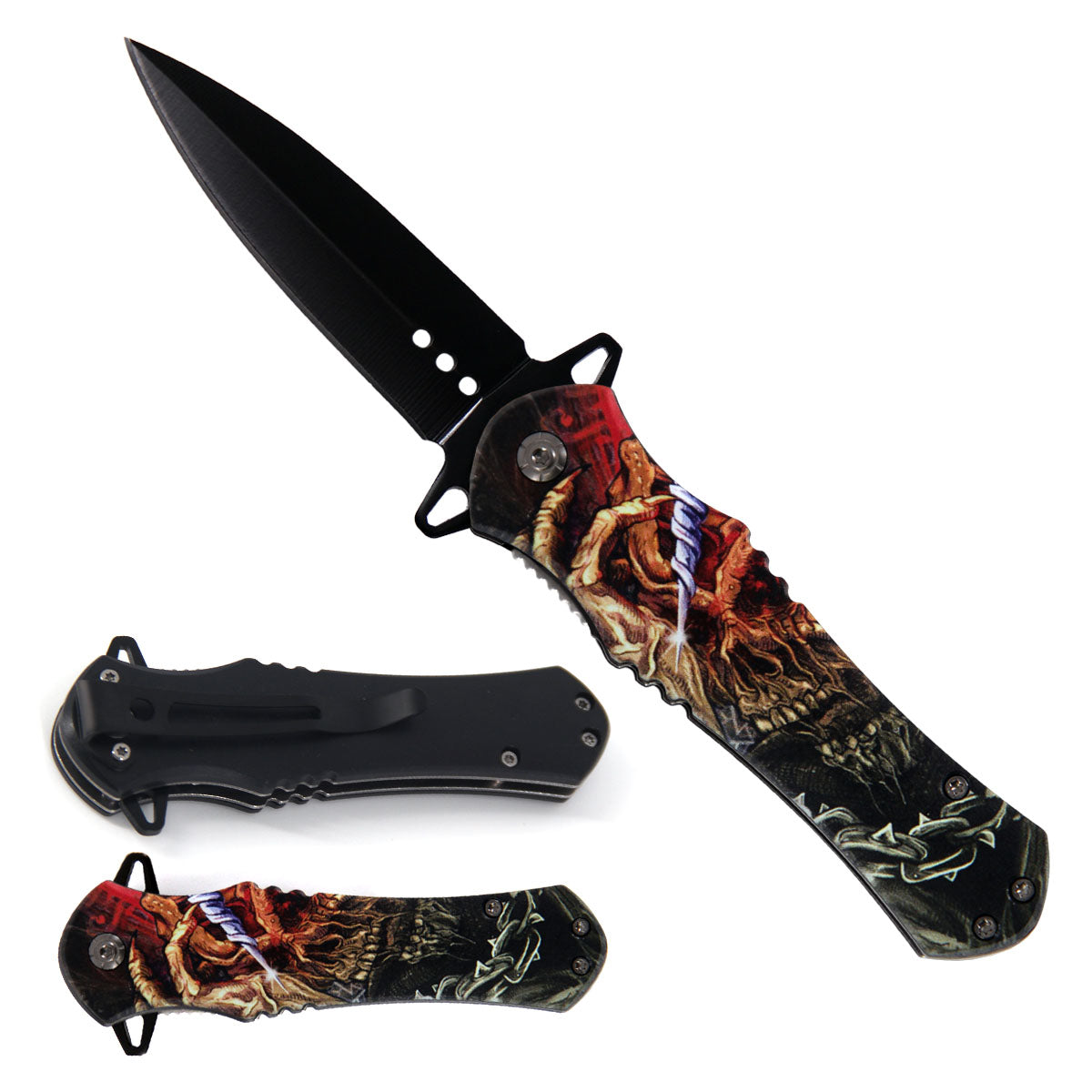 KS 1204-SK4 4.63" Punished Skeleton Print Handle Assist-Open Spear Point Blade Folding Knife with Pocket Clip