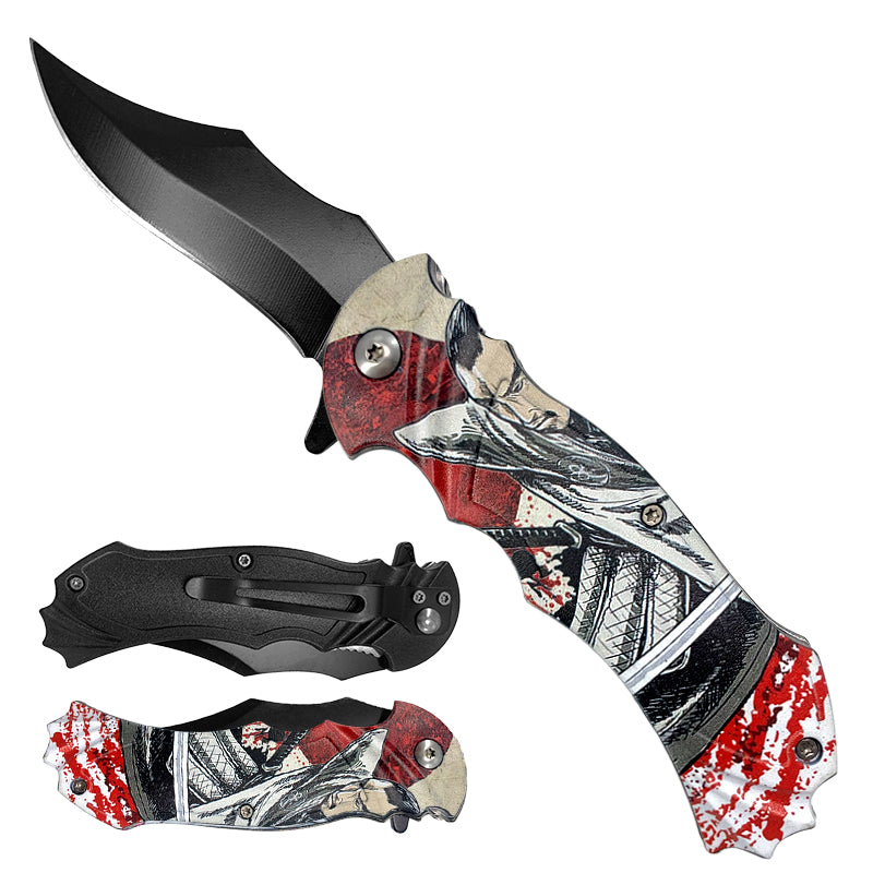 KS 1205-1 4.75" Samurai Ronin Print Handle Dao Blade Assist-Open Folding Knife with Pocket Clip - Rex Distributor, Inc. Wholesale Licensed Products and T-shirts, Sporting goods,