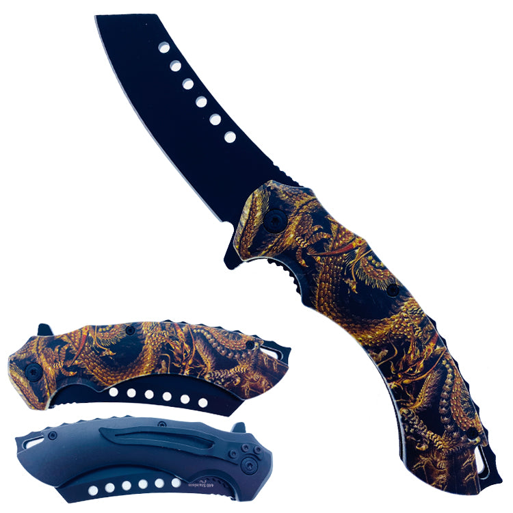 KS 30175-1 4.75" Gold Dragon Print Butcher Blade Assist-Open Folding Knife with Pocket Clip