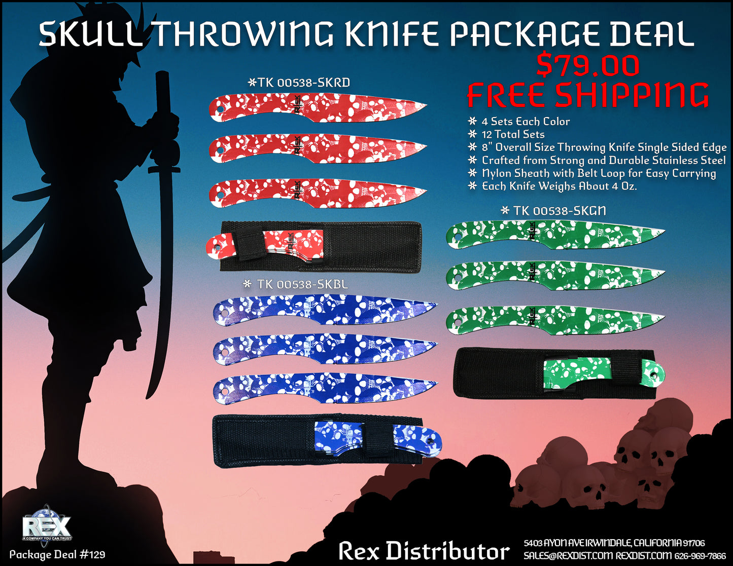 PKG DEAL #129 12 Sets Skull Throwing Knife Package Deal | Free Shipping